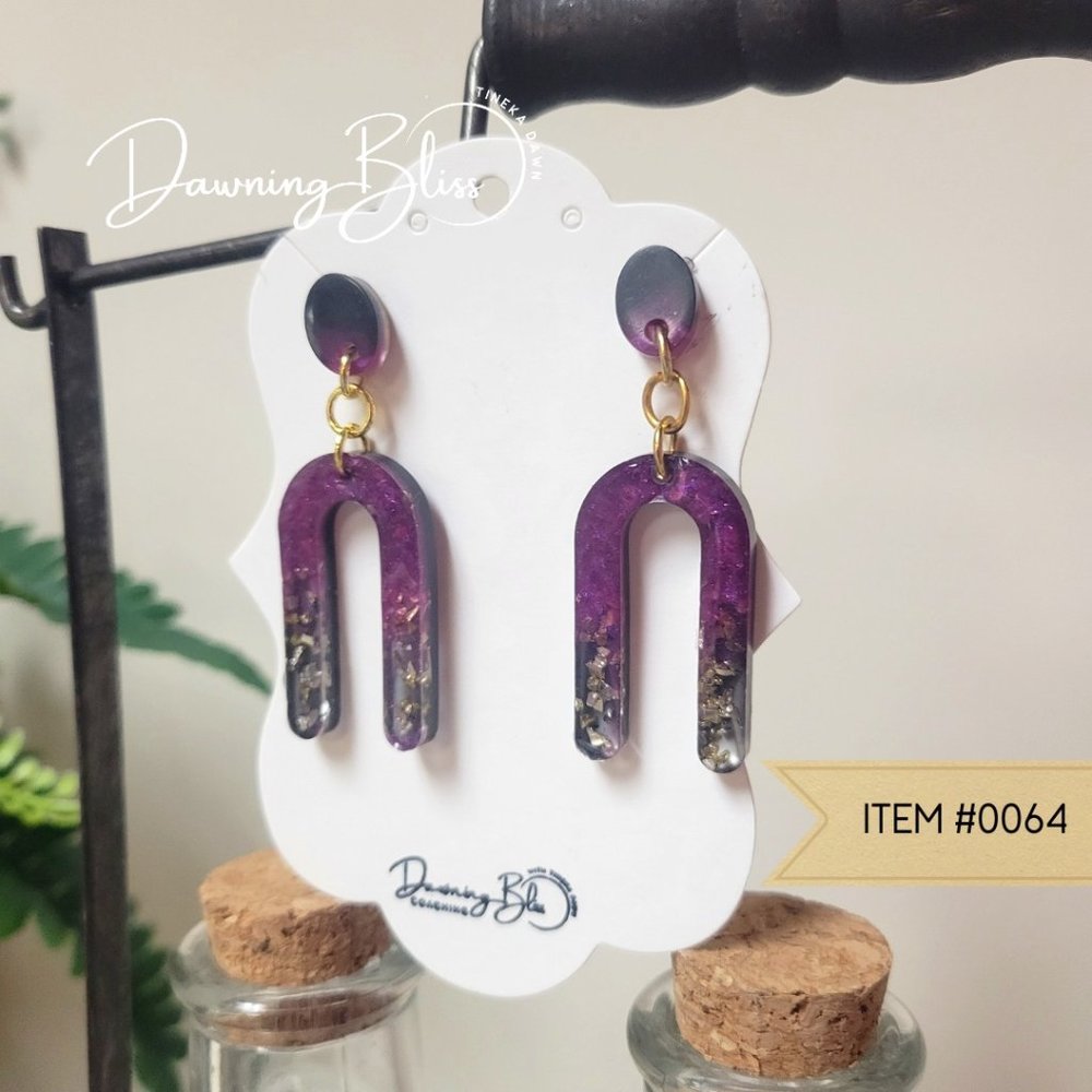 Glam Halloween Dangle Resin Earrings- Purple, Black stud style.
